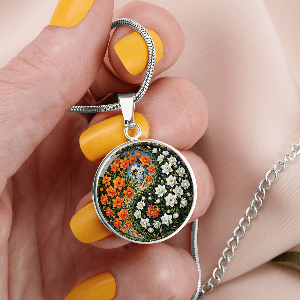Daffodil Yin Yang Necklace - March Birth Month Flower Pendant Jewelry