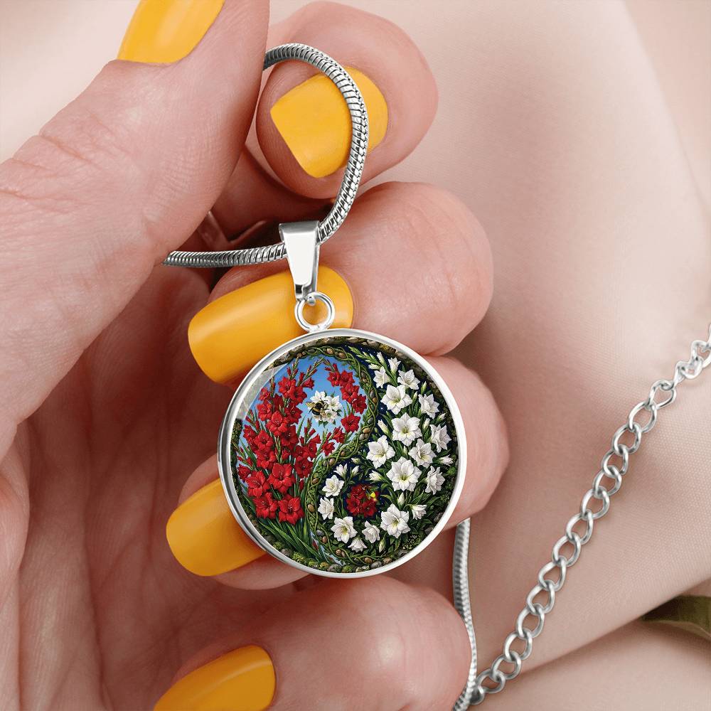 Gladiolus Yin Yang Necklace - August Birth Month Flower Pendant Jewelry