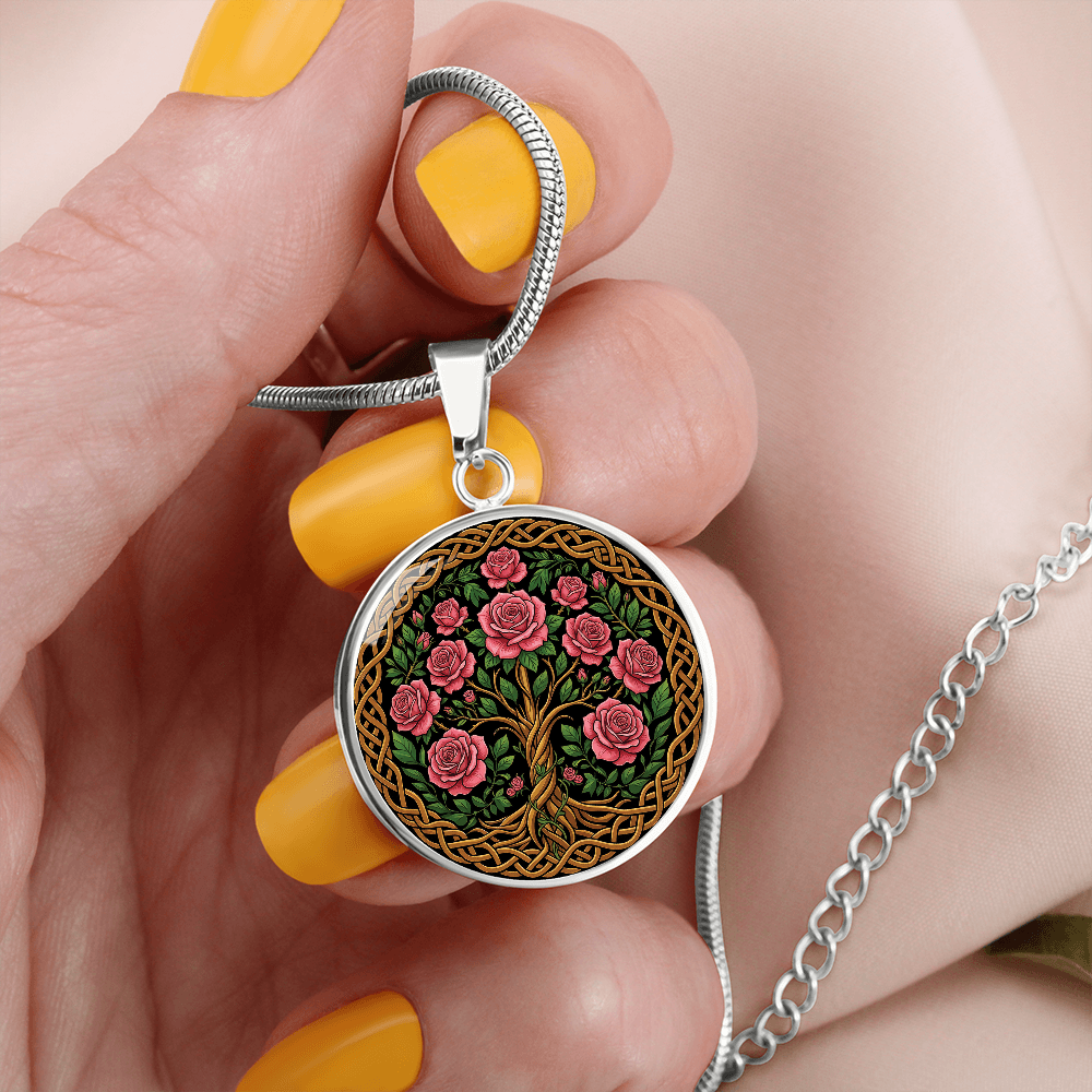 Celtic Tree of Life Pendant Necklace - Rose June Birth Flower Jewelry