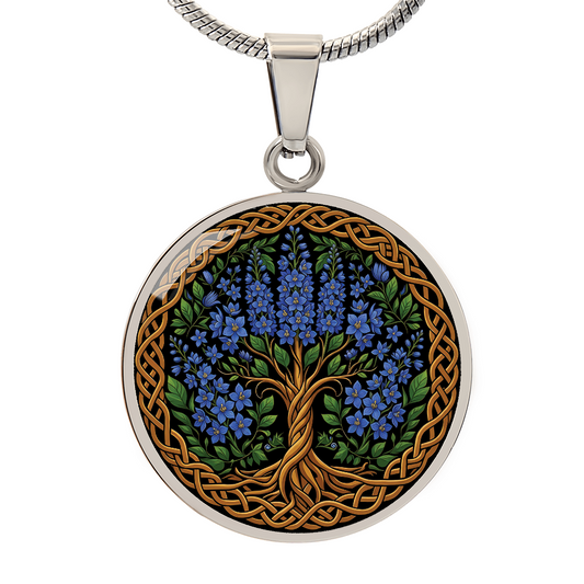 Celtic Tree of Life Pendant Necklace - Larkspur July Birth Flower Jewelry