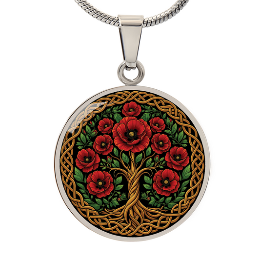 Celtic Tree of Life Pendant Necklace - Poppy August Birth Flower Jewelry