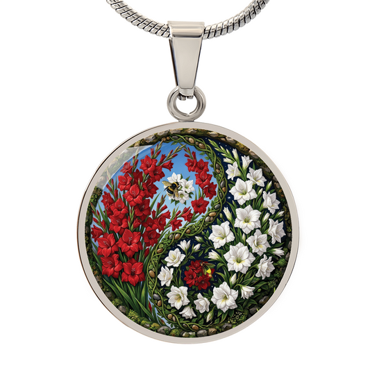 Gladiolus Yin Yang Necklace - August Birth Month Flower Pendant Jewelry