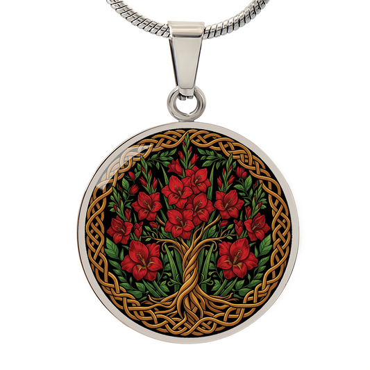 Celtic Tree of Life Pendant Necklace - Gladiolus August Birth Flower Jewelry