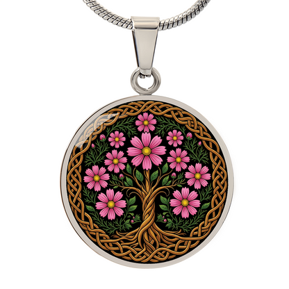 Celtic Tree of Life Pendant Necklace - Cosmos October Birth Flower Jewelry