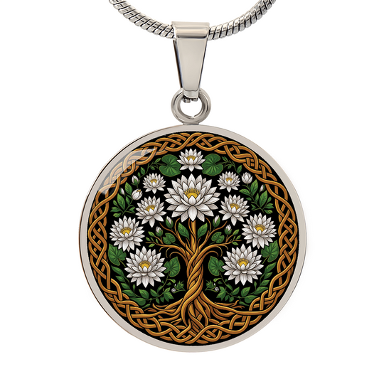 Celtic Tree of Life Pendant Necklace - Water Lily July Birth Flower Jewelry