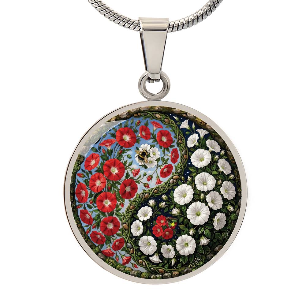 Red and White Morning Glory Yin Yang Necklace - September Birth Month Flower Pendant Jewelry