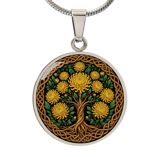 Celtic Tree of Life Pendant Necklace - Chrysanthemum November Birth Flower Jewelry