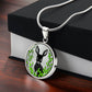 Gift box with An Elegant silver pendant Deer Necklace. All in Silver and black with green leaves. This jewelry offers personalization with an engraving option for a name.