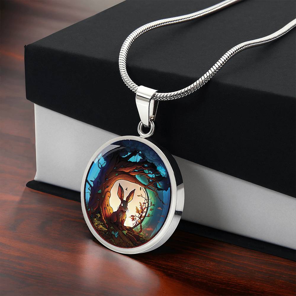 gift box with an elegant silver pendant Wood Rabbit Necklace. The Colors are brown, white, green, blue, yellow and red. This jewelry offers personalization with an engraving option for a name.