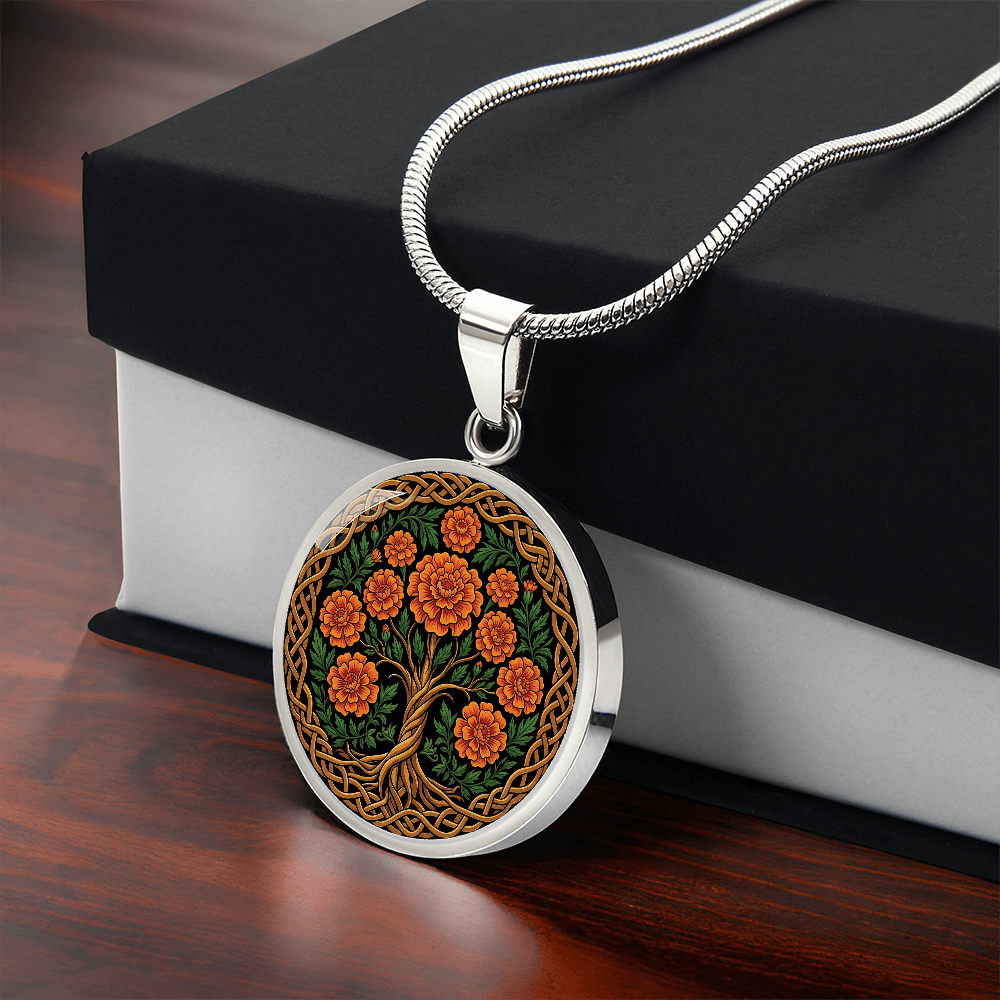 Celtic Tree of Life Pendant Necklace - Marigold October Birth Flower Jewelry