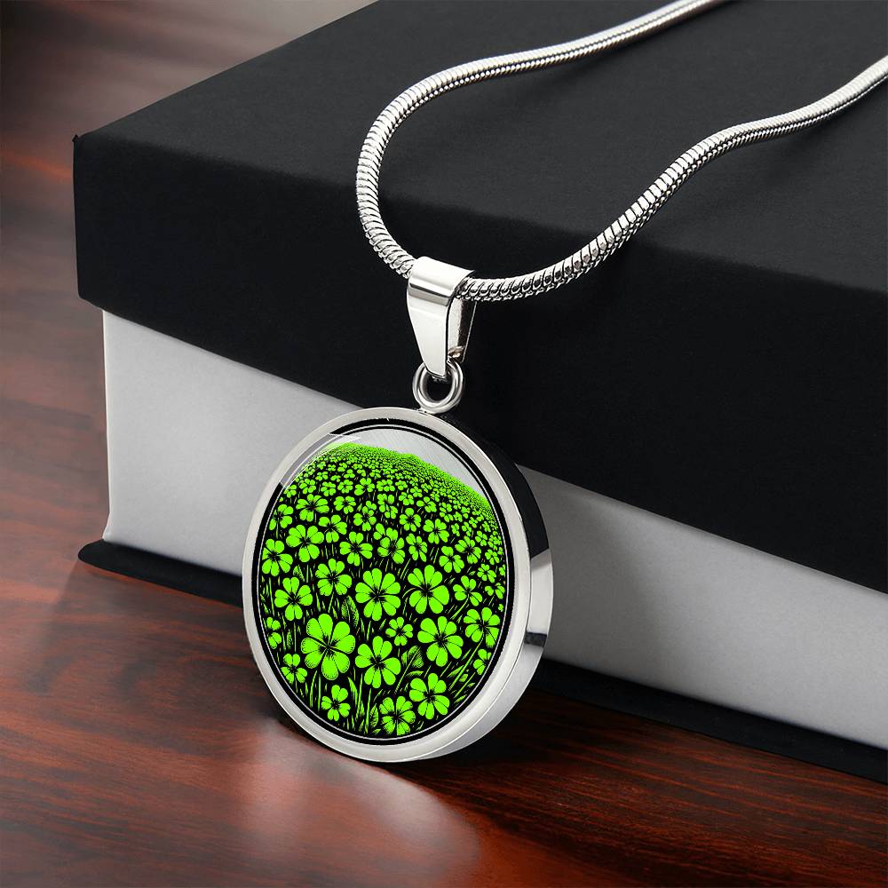 Gift Box with an Elegant silver pendant necklace featuring a vivid Green Clover Field set against a silver & black backdrop. This necklace offers personalization with an engraving option for a name.