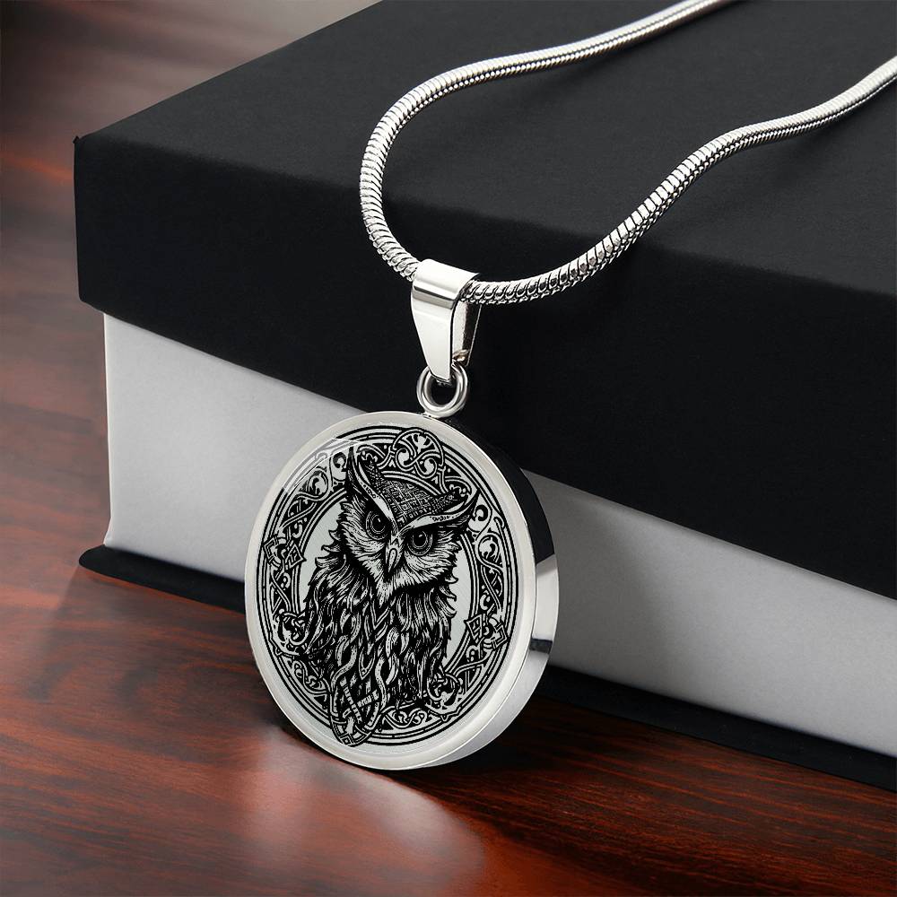 Gift box with an Elegant silver pendant Celtic Owl necklace featuring a vivid Celtic black owl inside a circle frame with a silver backdrop. This jewelry offers personalization with an engraving option for a name.