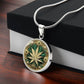 Gift box with an Elegant silver pendant Weed Leaf necklace featuring a Green and Gold Marijuana Leaf. This jewelry offers personalization with an engraving option for a name.