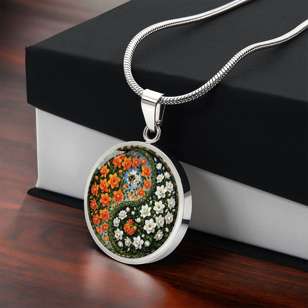 Daffodil Yin Yang Necklace - March Birth Month Flower Pendant Jewelry