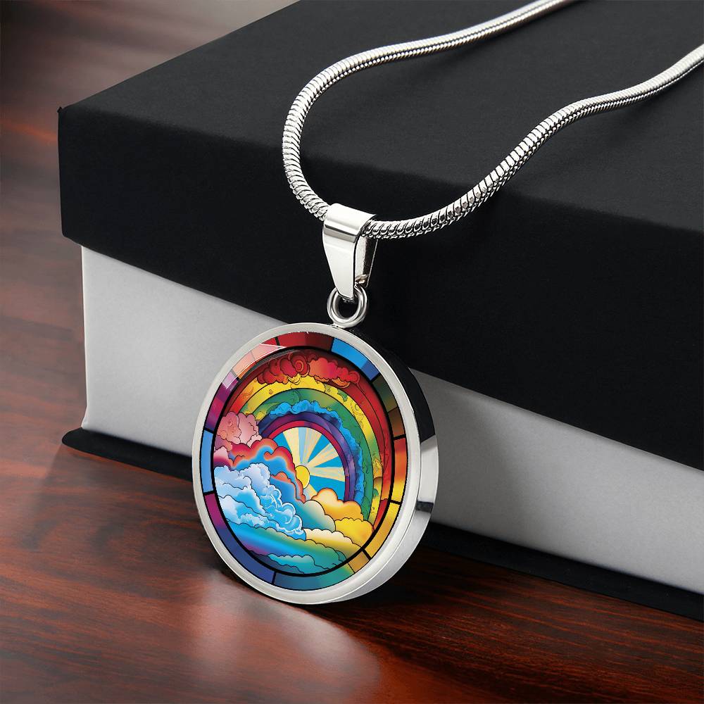 Gift box with an elegant silver pendant Lucky Rainbow Necklace. The colors are all the colors of the rainbow. This jewelry offers personalization with an engraving option for a name.