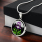 Gift box with a Februarys birth month flower Elegant silver pendant featuring a vivid Purple Iris Necklace set against a Green Grass, Silver moon and mountains background. This necklace offers personalization option for a name.