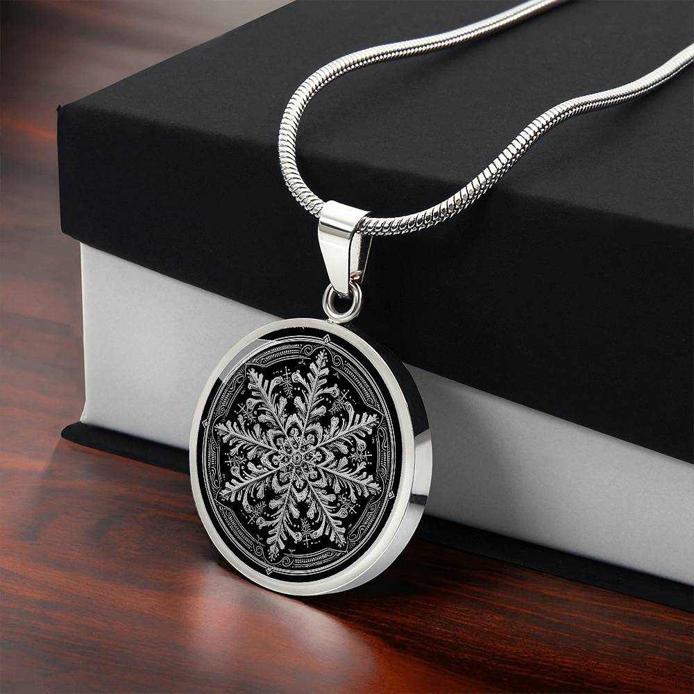 Gift box with an Elegant Silver pendant necklace featuring a vivid Silver Snowflake , set against a Black backdrop. This necklace offers personalization with an engraving option for a name.