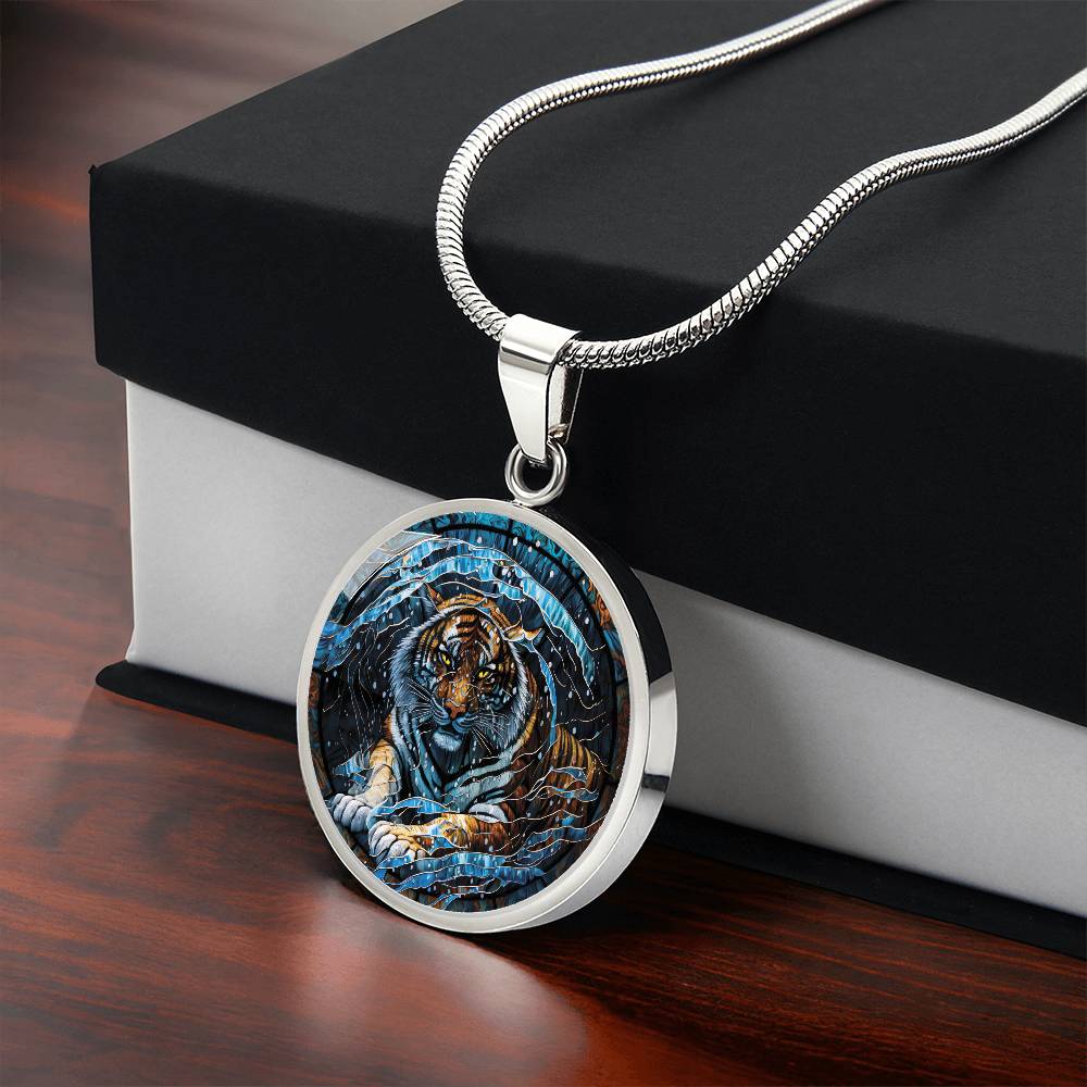 Gift box with an elegant silver pendant Chinese Zodiac Tiger Necklace. The colors are blue, black, orange, white and yellow. This jewelry offers personalization with an engraving option for a name.