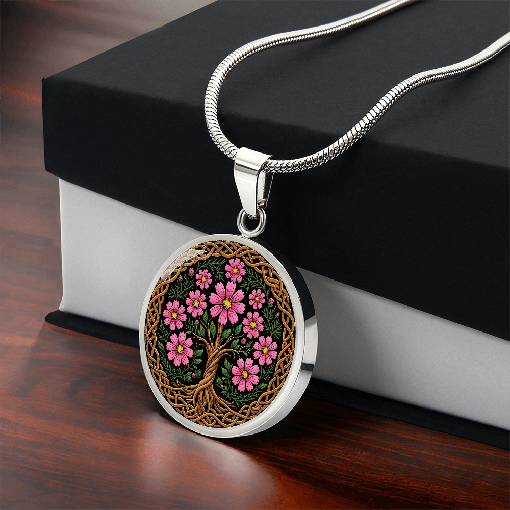 Celtic Tree of Life Pendant Necklace - Cosmos October Birth Flower Jewelry