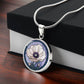 Gift box with an Elegant silver pendant Anemone Necklace. The Colors are Purple Gray, Dark Green. This jewelry offers personalization with an engraving option for a name.