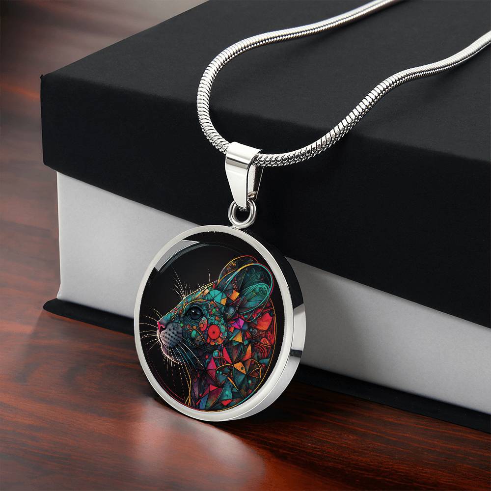 Gift box with an elegant silver pendant multicolored Chinese Zodiac Rat Necklace. This jewelry offers personalization with an engraving option for a name.