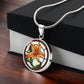 Gift box with an Elegant Silver pendant necklaces features an Orange Tiger Lily, Green Grass, white background with a red and brown frame. This necklace offers personalization with an engraving option for a name.