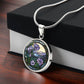 Gift box with a Silver Pendant Purple Morning Glory necklace, With green grass, a Yellow sky and purple mountains, Blue Lake, Muti Colored Border. This necklace offers personalization option for a name.