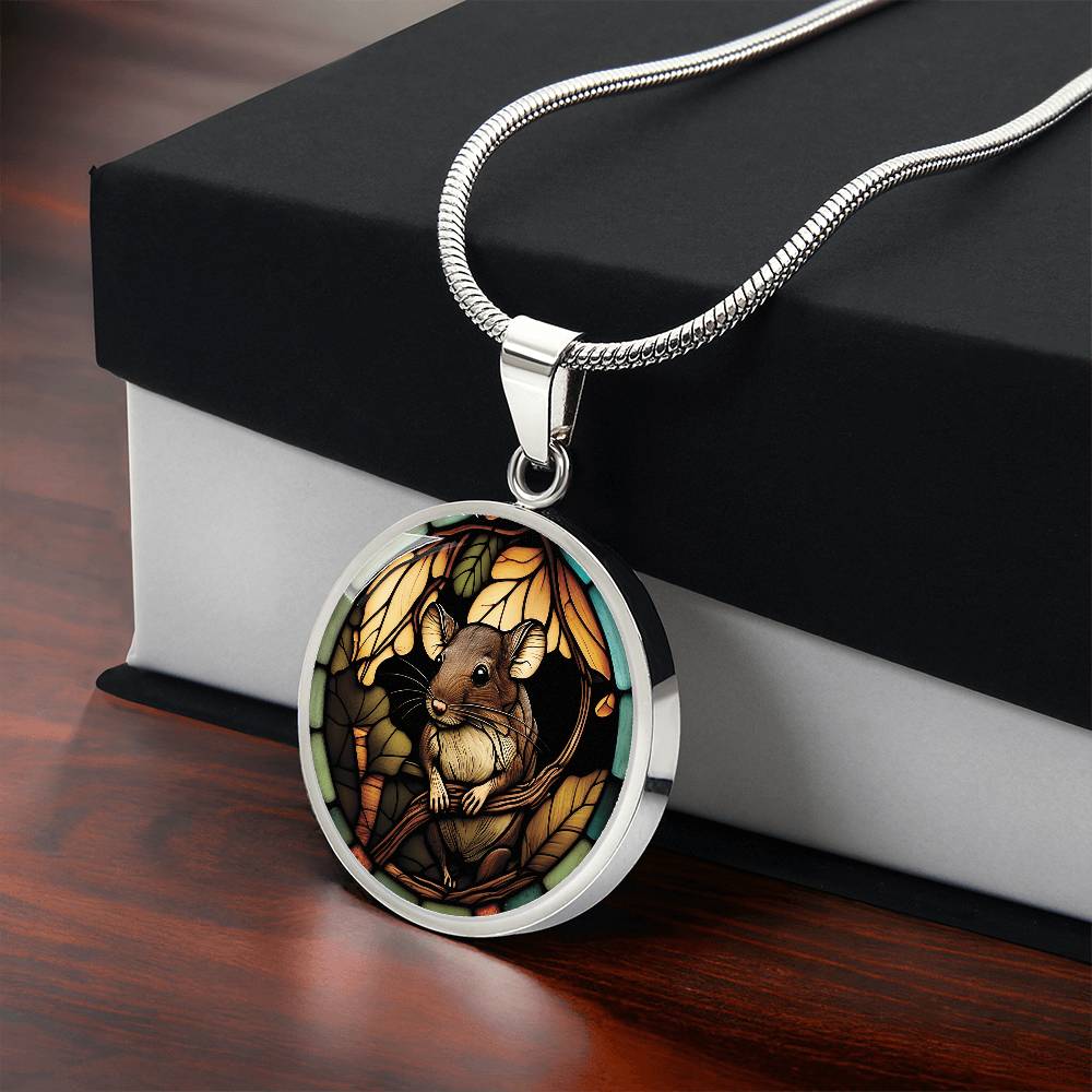 Gift box with an Elegant silver pendant Rat necklace. Brown Rat, Brown Twigs, yellow and green leaves, blue, orange and green border. This jewelry offers personalization with an engraving option for a name.