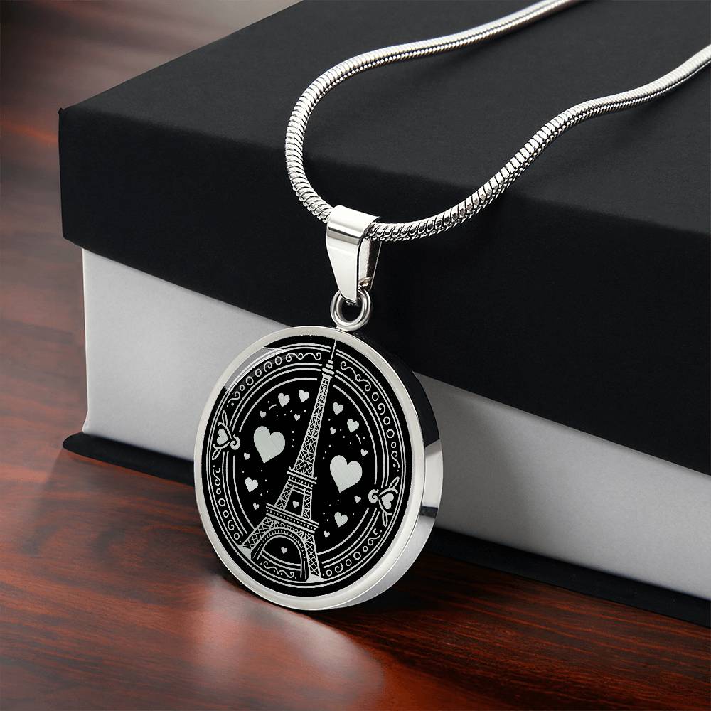 Gift box with An Elegant silver pendant featuring a Valentines Design with a vivid Silver Eiffel Tower Necklace, set against a silver and black backdrop. This jewelry offers personalization with an engraving option for a name.