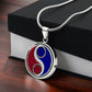 Gift box with an Elegant silver pendant featuring a vivid Fire red & Water blue Celtic Yin Yang Necklace set against a silver & Black backdrop. This jewelry offers personalization with an engraving option for a name.