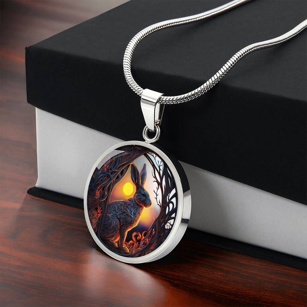 Gift box with an Elegant silver pendant Easter Bunny necklace featuring yellow sun, brown trees, brown rabbit, blue and white sky. This jewelry offers personalization with an engraving option for a name.