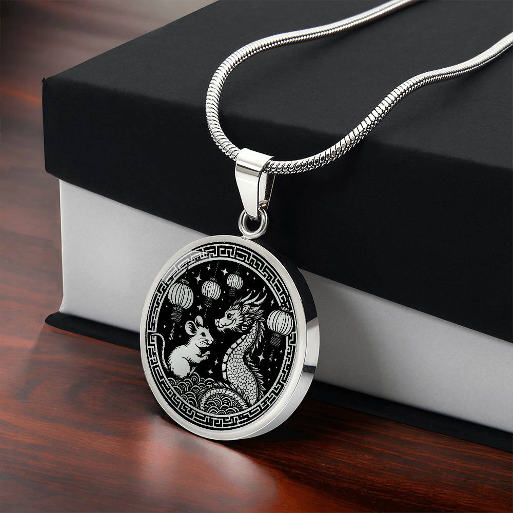 Gift box with An Elegant silver pendant featuring a Year of the Rat and Year of The Dragon Necklace in silver and black. This jewelry offers personalization with an engraving option for a name.