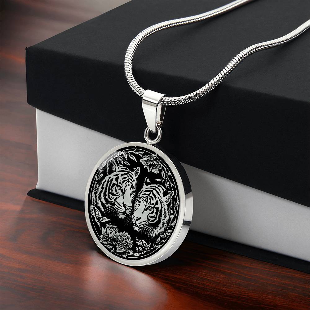 Gift box with an elegant silver pendant Year of the Tiger Necklace. The colors are silver and black. This jewelry offers personalization with an engraving option for a name.