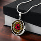 Gift box with An Elegant silver pendant featuring a Vintage Design with a vivid Red Star of David Necklace, set against a gold, silver and black backdrop. This jewelry offers personalization with an engraving option for a name.