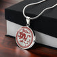 Gift box with an Elegant silver pendant necklace featuring a vivid red Dragon, set against a silver backdrop. This jewelry offers personalization with an engraving option for a name.