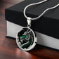 Gift box with an Elegant silver pendant Chinese Dragon necklace featuring a vivid Jade dragon with stars and clouds set against a black backdrop. This jewelry offers personalization with an engraving option for a name.