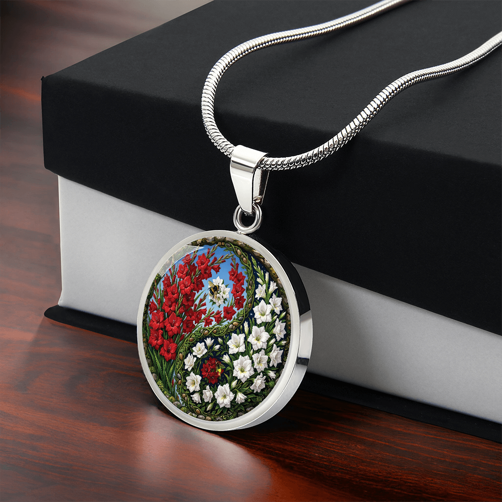 Gladiolus Yin Yang Necklace - August Birth Month Flower Pendant Jewelry