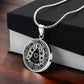 Gift box with an Elegant silver pendant necklace featuring a Winter Christmas theme with a Tree set against a silver backdrop. This necklace offers personalization with an engraving option for a name.