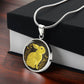 Gift box with an Elegant silver pendant Rabbit Necklace. Yellow Rabbit and Flowers with a black and brown backdrop. This jewelry offers personalization with an engraving option for a name.