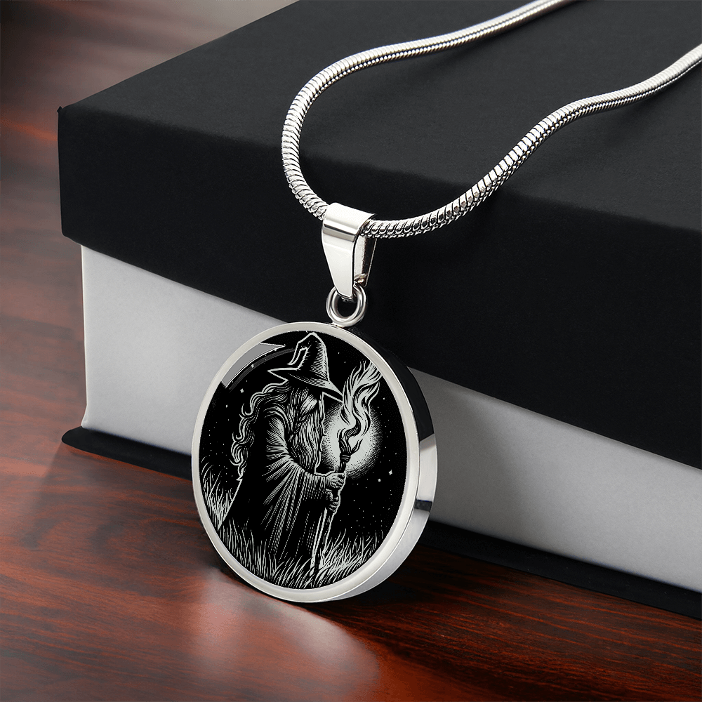 Gift box with An Elegant silver pendant featuring a Fantasy Wizard Necklace in silver and black. This jewelry offers personalization with an engraving option for a name.