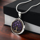 Gift box with an elegant silver pendant Larkspur Tree of Life Necklace. The Colors are purple, green and brown. This jewelry offers personalization with an engraving option for a name.