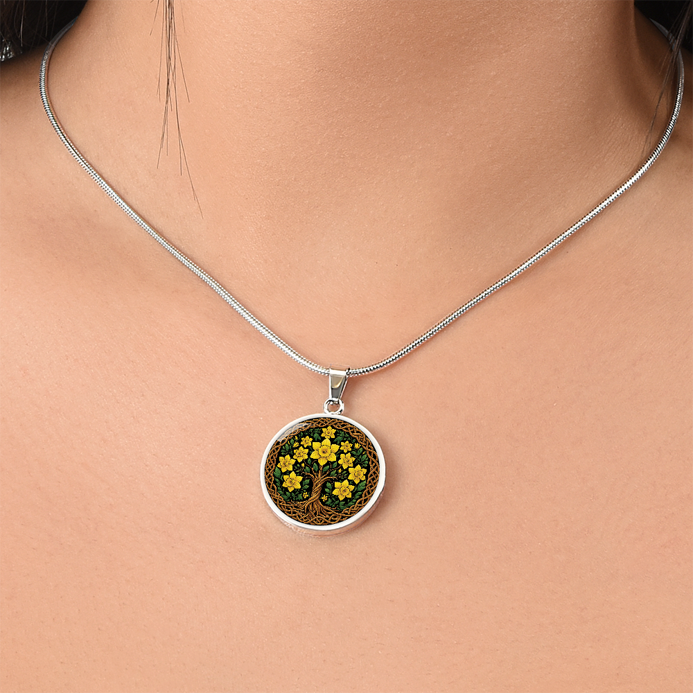 Celtic Tree of Life Pendant Necklace - Daffodil March Birth Flower Jewelry