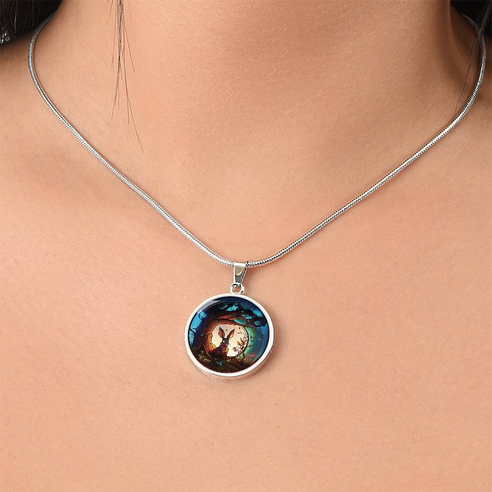 Woman wearing an elegant silver pendant Wood Rabbit Necklace. The Colors are brown, white, green, blue, yellow and red. This jewelry offers personalization with an engraving option for a name.