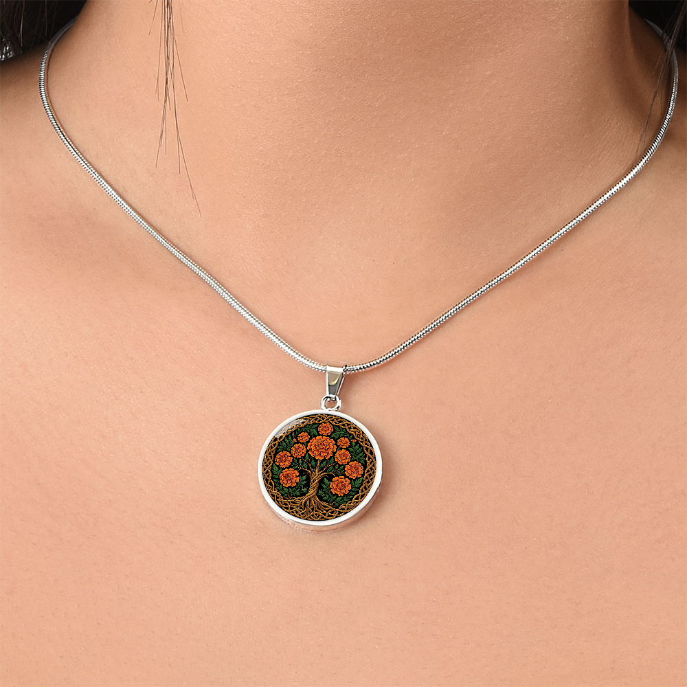 Celtic Tree of Life Pendant Necklace - Marigold October Birth Flower Jewelry