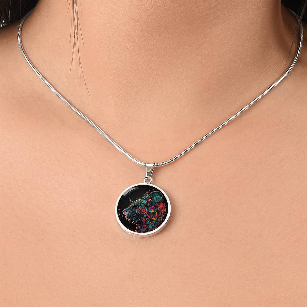 Woman wearing an elegant silver pendant multicolored Chinese Zodiac Rat Necklace. This jewelry offers personalization with an engraving option for a name.