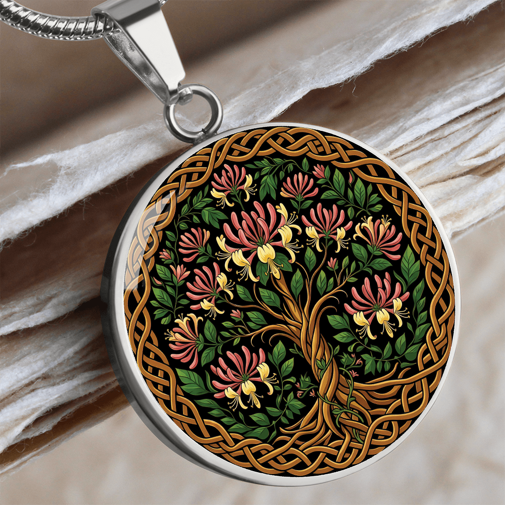 Celtic Tree of Life Pendant Necklace - Honeysuckle June Birth Flower Jewelry