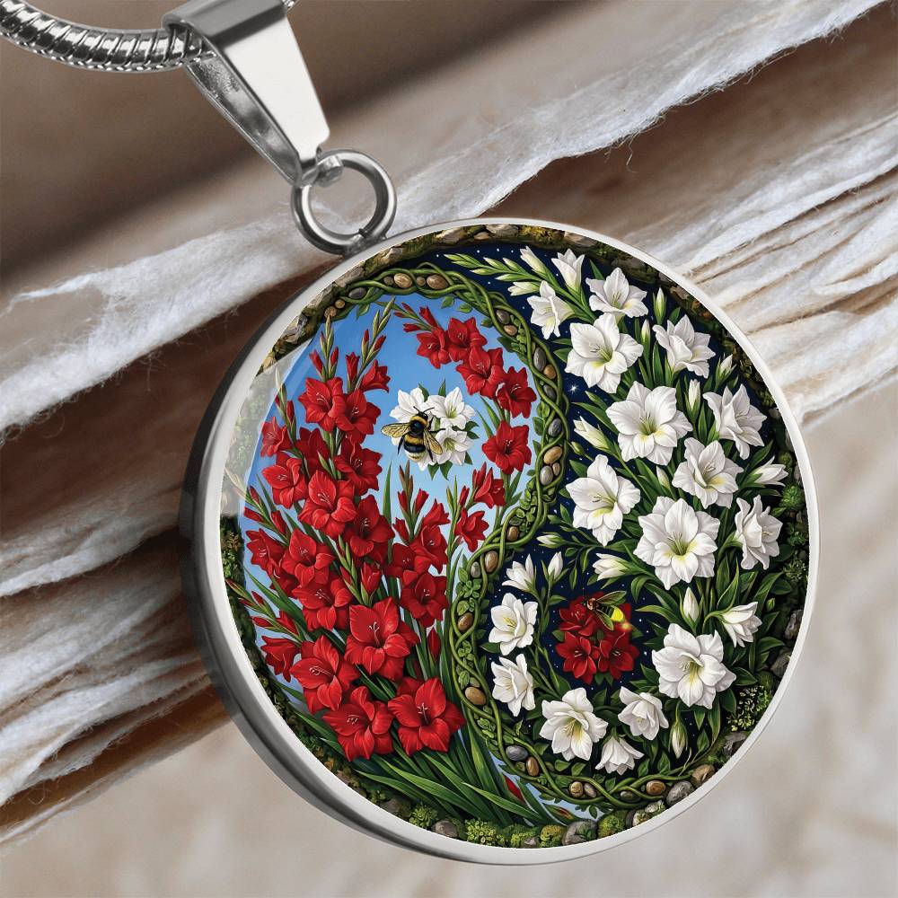 Gladiolus Yin Yang Necklace - August Birth Month Flower Pendant Jewelry