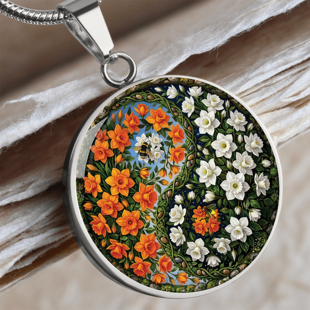 Daffodil Yin Yang Necklace - March Birth Month Flower Pendant Jewelry