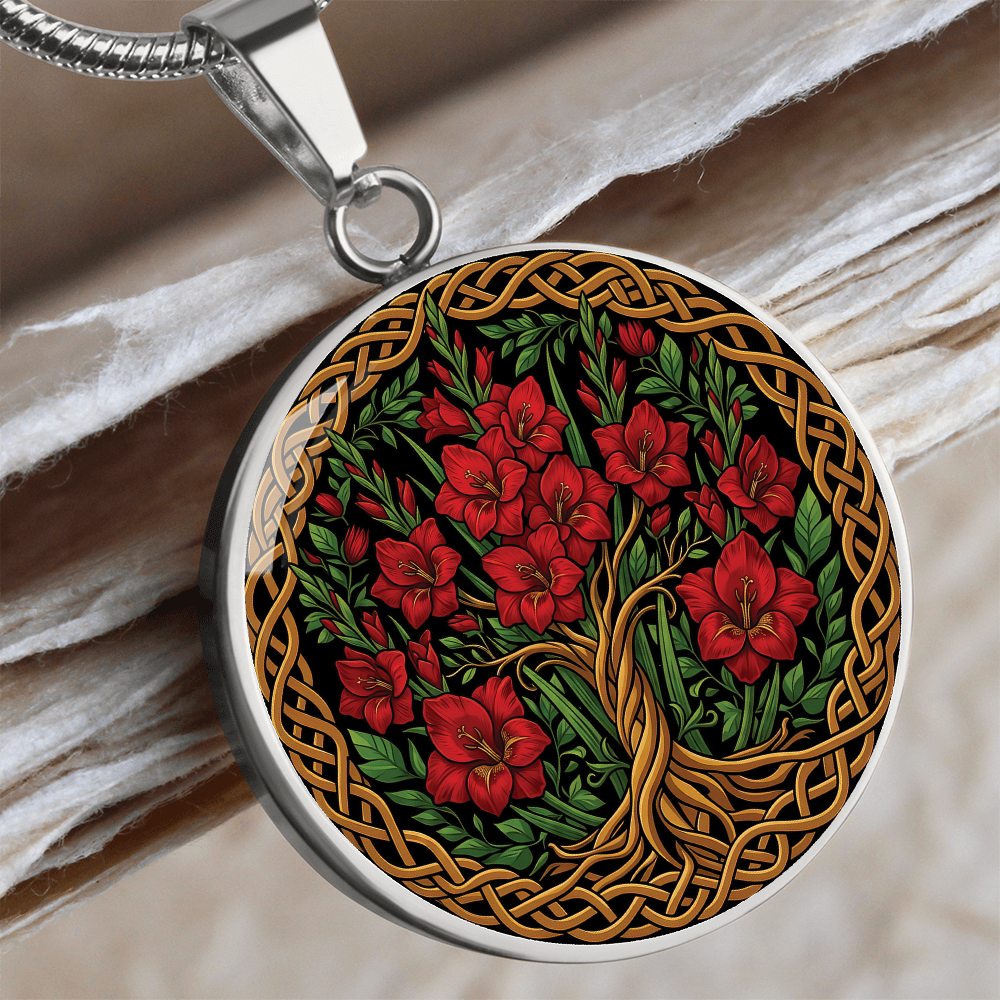 Celtic Tree of Life Pendant Necklace - Gladiolus August Birth Flower Jewelry