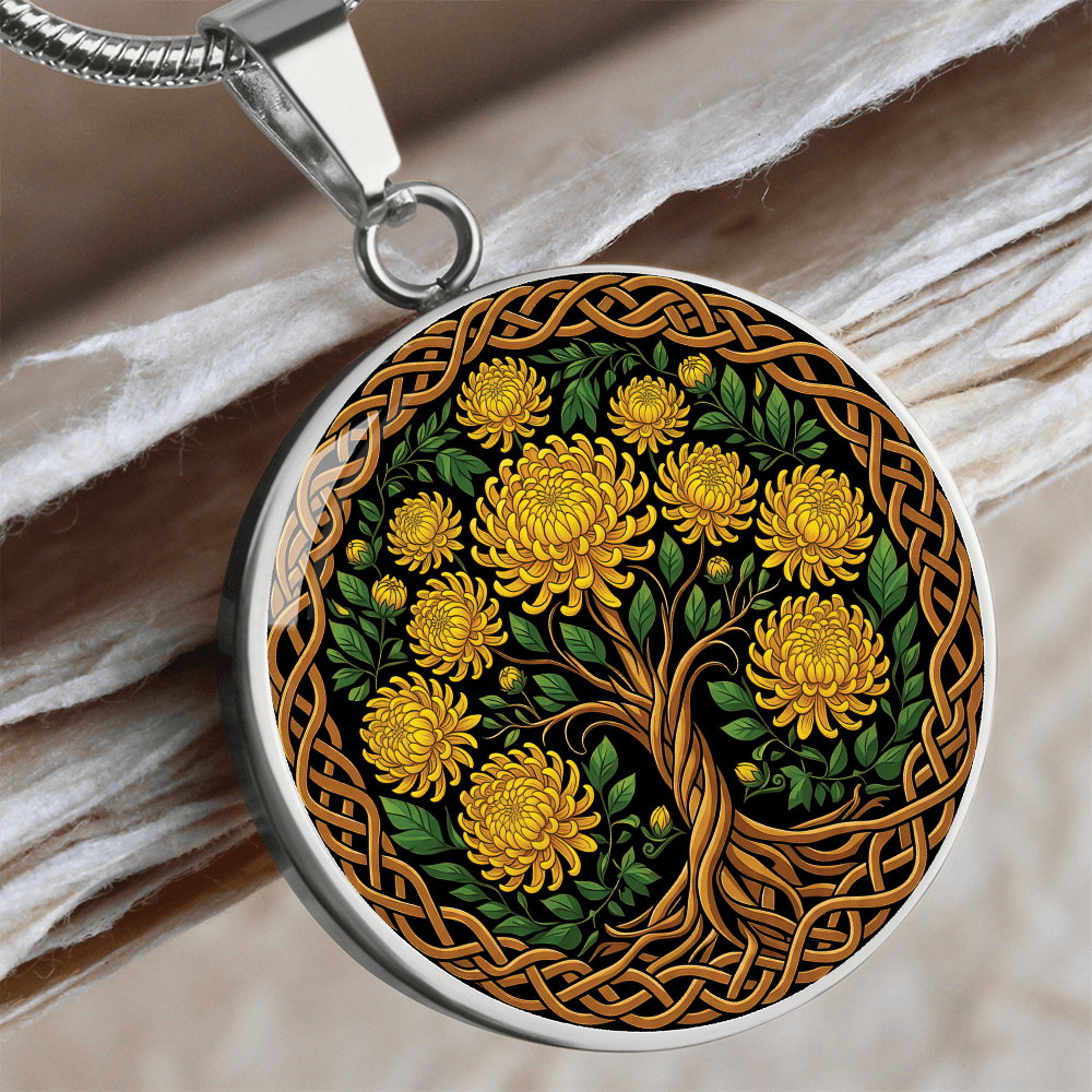 Celtic Tree of Life Pendant Necklace - Chrysanthemum November Birth Flower Jewelry